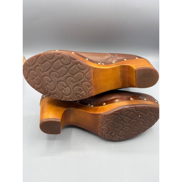 UGG Womens Boots‎ 7 Lynnea Brown Leather Mid Calf Heeled Clog Boots - Picture 7 of 10